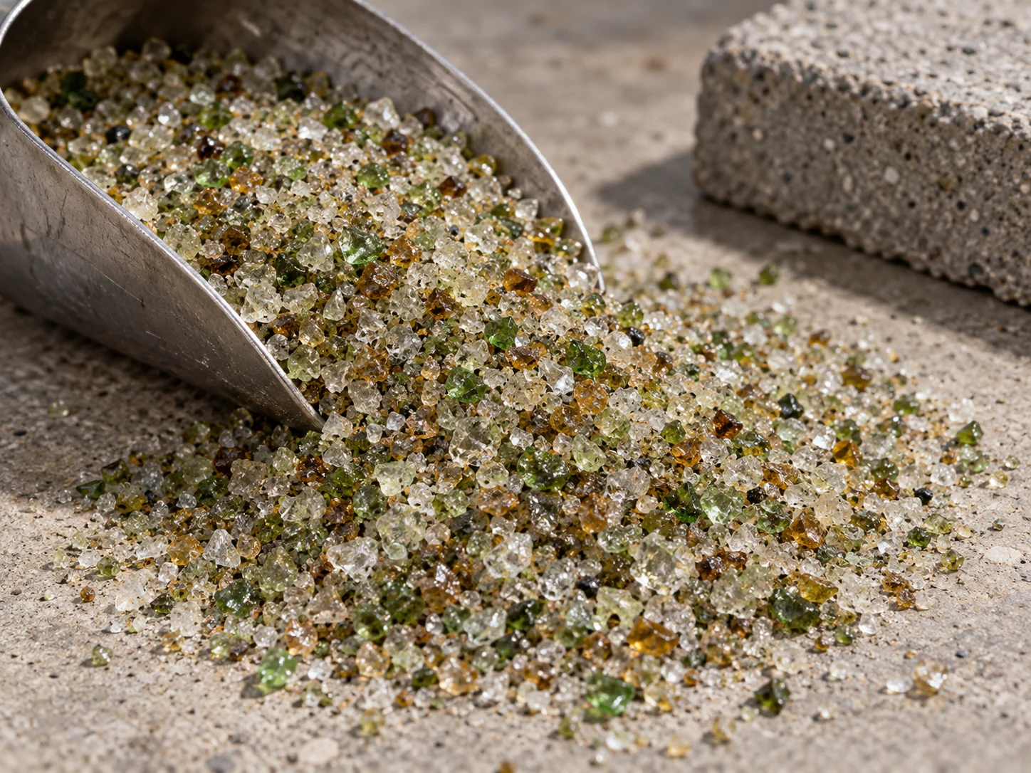 Mixed-colour glass aggregate beside a concrete paving sample
